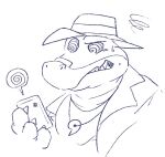  2023 alligator alligatorid anthro biped bodily_fluids brok_(character) brok_the_investigator cellphone clothing crocodilian di_gu_ru hat headgear headwear hypnosis kemono mind_control phone portrait reptile scalie simple_background smartphone solo sweat 