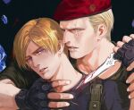 bara black_gloves bleeding blonde_hair blood blood_on_weapon blue_eyes curtained_hair cuts dagger fingerless_gloves gloves godsstation hand_on_another&#039;s_arm hand_on_another&#039;s_neck highres holding holding_dagger holding_knife holding_weapon holster injury jack_krauser knife knife_holster leon_s._kennedy lips male_focus multiple_boys muscular muscular_male red_headwear resident_evil resident_evil_4 resident_evil_4_(remake) restrained scar scar_across_eye scar_on_arm scar_on_cheek scar_on_face scar_on_mouth shirt short_hair t-shirt weapon yaoi 