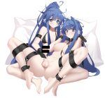  2girls :o arknights astesia_(arknights) astgenne_(arknights) bar_censor bare_shoulders barefoot bdsm bikini black_bikini black_gloves blue_eyes blue_hair blush bondage bound bound_arms bound_legs breasts censored collar collarbone erection futa_with_female futanari gloves hair_intakes highres incest large_breasts long_hair looking_at_penis looking_down lube lying medium_breasts multiple_girls navel nipples nude on_back parted_lips penis pillow ponytail qianshibu restrained siblings simple_background sisters sitting spread_legs swimsuit testicles very_long_hair white_background 