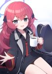  1girl absurdres blue_archive coffee_mug cup curly_hair grey_eyes grey_shirt halo highres holding holding_cup iroha_(blue_archive) mug naoya_(naoya_ee) necktie red_hair red_necktie shirt thighs 
