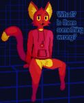  2023 anthro bottomless clothed clothing comradecat cute_fangs dialogue digital_media_(artwork) domestic_cat english_text eyebrows felid feline felis fjbcat fur hi_res hoodie hoodie_only inner_ear_fluff looking_at_viewer male mammal partially_clothed pixel_(artwork) raised_eyebrow red_body red_fur sitting smile solo spread_legs spreading text topwear topwear_only tuft yellow_body yellow_fur yellow_sclera 