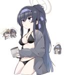  2girls absurdres bikini black_bikini black_hair blue_archive blue_eyes blue_hair blue_hairband breasts chibi cleavage closed_mouth commentary_request cropped_legs cup gradient_hair grey_jacket hairband halo highres hinata_(blue_archive) hinata_(swimsuit)_(blue_archive) holding holding_cup jacket long_hair long_sleeves medium_breasts mug multicolored_hair multiple_girls ooyama_imo open_clothes open_jacket ponytail simple_background sleeves_past_wrists solo_focus sweat swimsuit ui_(blue_archive) ui_(swimsuit)_(blue_archive) very_long_hair white_background 
