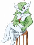  3_fingers breasts cleavage clothed clothing collarbone crossed_legs female fingers gardevoir generation_3_pokemon green_hair hair humanoid nintendo pokemon pokemon_(species) red_eyes solo theregretter white_body 