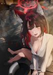  1girl absurdres alternate_costume animal_ear_fluff animal_ears bare_legs barefoot black_hair blue_archive blurry blurry_background blush breasts bucket cleavage colored_inner_hair crossed_legs dress fox_ears halo highres large_breasts looking_at_viewer luenar multicolored_hair onsen red_eyes refraction revision signature single_bare_shoulder sitting smile solo steam two-tone_hair wakamo_(blue_archive) white_dress wooden_bucket yellow_eyes 