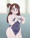  1girl absurdres artist_name blush breasts brown_hair cloudxmoe covered_navel english_text envelope highres holding kagari_atsuko little_witch_academia long_hair medium_breasts one-piece_swimsuit parted_lips red_eyes side_ponytail solo swimsuit tareme thick_thighs thighs wet 