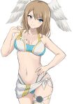  1girl absurdres adjusting_clothes adjusting_swimsuit bikini blue_eyes breast_tattoo breasts brown_hair choker cleavage commentary_request eunie_(xenoblade) fukai_asase hand_on_own_hip head_wings highres looking_at_viewer medium_breasts medium_hair multi-strapped_bikini navel official_alternate_costume smile solo swimsuit tattoo thigh_strap white_background white_choker white_wings wings xenoblade_chronicles_(series) xenoblade_chronicles_3 