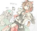  0w0 1boy 1girl animal_ears arknights belt black_belt black_shirt blue_eyes braid brown_hair cat_ears cat_tail closure_(arknights) highres jacket looking_at_viewer male_focus one_eye_closed pants partially_colored red_pants red_ribbon ribbon shirt simple_background smile stainless_(arknights) tail wed_(lim38869577) white_background white_jacket 