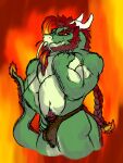  anthro ballistickoko beard belly big_butt braided_hair braided_ponytail breasts bulge butt dragon eastern_dragon facial_hair fire flaming_hair green_body green_scales hair hi_res horn male muscular muscular_anthro muscular_arms muscular_male ponytail pseudo_hair pubes rex(dragon)_(ballistickoko) scales sideburns solo tail thick_arms thick_thighs wide_hips 