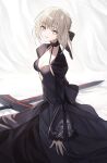  1girl artoria_pendragon_(fate) black_dress black_ribbon blonde_hair braid breasts cleavage commentary dress excalibur_morgan_(fate) fate/stay_night fate_(series) french_braid hair_bun hair_ribbon highres long_hair long_sleeves looking_at_viewer medium_breasts pttyr ribbon saber_alter sidelocks solo sword weapon yellow_eyes 