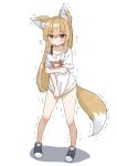  1girl animal_ear_fluff animal_ears blue_footwear blush brown_eyes brown_hair cold fox_ears fox_girl fox_tail full_body highres leafy_(kitsuneya) legs long_hair no_pants original shirt shirt_tug shoes short_sleeves simple_background solo standing tail thighs trembling white_background white_shirt 