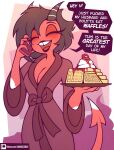  2023 bathrobe black_hair blush breasts cellphone cleavage clothed clothing demon demon_humanoid dialogue english_text eyes_closed female food hair helluva_boss hi_res horn humanoid imp marik_azemus34 millie_(helluva_boss) multicolored_body not_furry open_mouth open_smile phone phone_call profanity red_body robe smile solo spade_tail tail text two_tone_body waffle white_body 