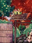  animal_focus artist_name autumn_leaves beak bird brown_fur bush closed_eyes colored_skin commentary_request eevee fence green_skin hanabusaoekaki highres natu no_humans outdoors pokemon pokemon_(creature) sleeping solid_oval_eyes sparkle tree wooden_fence 