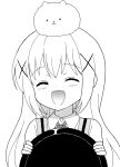  1girl :3 :d ^_^ angora_rabbit animal animal_on_head apron blush bow buttons circlefir closed_eyes closed_mouth collared_shirt facing_viewer gochuumon_wa_usagi_desu_ka? greyscale hair_ornament hands_up highres holding holding_tray kafuu_chino long_hair long_sleeves looking_at_viewer monochrome on_head open_mouth rabbit rabbit_house_uniform rabbit_on_head shirt sidelocks simple_background smile solo_focus stippling_(texture) straight_hair tippy_(gochiusa) tray upper_body vest white_background white_shirt x_hair_ornament 