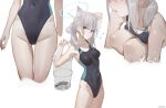  1girl ahoge animal_ear_fluff animal_ears bare_arms bare_shoulders blue_archive blush breasts chilakkk cleavage close-up closed_mouth collarbone competition_swimsuit covered_navel cowboy_shot fishing_net folded grey_hair groin hair_between_eyes highleg highleg_swimsuit holding looking_at_viewer medium_breasts multiple_views musical_note one-piece_swimsuit shiroko_(blue_archive) shiroko_(swimsuit)_(blue_archive) simple_background sitting smile solo spoken_musical_note standing swimsuit thighs wet white_background 