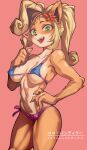  absurd_res accessory activision anthro bandicoot bikini blonde_hair blush breasts brown_body brown_fur clothing coco_bandicoot crash_bandicoot_(series) female flower flower_in_hair fur green_eyes hair hair_accessory hi_res iepelppa looking_at_viewer mammal marsupial plant simple_background solo swimwear 