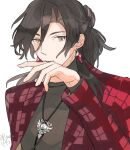  1boy black_hair black_shirt closed_mouth constantine_xi_(fate) earrings fate/grand_order fate_(series) grey_eyes hair_between_eyes hair_bun half_updo hand_up highres jacket jewelry kitada long_hair looking_at_viewer male_focus official_alternate_costume pendant plaid plaid_jacket red_jacket ring shirt simple_background single_hair_bun solo twitter_username upper_body white_background 