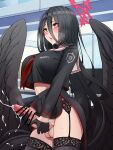  1girl absurdres bar_censor black_gloves black_hair black_shirt black_skirt black_thighhighs black_wings blue_archive blush breasts censored cowboy_shot cum ejaculation erection feathered_wings futanari futanari_masturbation gloves hair_between_eyes halo hasumi_(blue_archive) highres large_breasts large_penis long_hair long_sleeves masturbation mole mole_under_eye open_mouth penis projectile_cum red_eyes shirt skirt solo testicles thighhighs tussy very_long_hair wings 