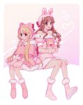  2girls :3 animal_ears bare_legs bare_shoulders blonde_hair blush boots bow brown_eyes brown_hair choker dress fake_animal_ears full_body fur-trimmed_boots fur-trimmed_dress fur_trim futaba_anzu hair_ornament hat hetni highres holding holding_stuffed_toy idolmaster idolmaster_cinderella_girls long_hair looking_at_viewer low_twintails moroboshi_kirari multiple_girls open_mouth pink_bow pink_dress pink_footwear pink_headwear red_ribbon ribbon sitting smile star_(symbol) star_hair_ornament stuffed_toy swept_bangs twintails 