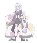  3girls alternate_costume animal_ear_fluff animal_ears anklet apron arknights basket black_coat black_dress black_footwear blonde_hair blue_eyes blush chinese_commentary closed_mouth coat collar commentary_request dress enmaided fox_ears fox_girl fox_tail giving_up_the_ghost green_eyes hair_ornament hairclip holding holding_basket infection_monitor_(arknights) jewelry lappland_(arknights) long_dress long_hair long_sleeves maid maid_apron maid_headdress mary_janes morte_(arknights) multiple_girls one_eye_closed open_mouth pink_eyes pink_hair puffy_long_sleeves puffy_sleeves red_medicine scar scar_across_eye shamare_(arknights) shoes short_dress short_hair simple_background smile standing stuffed_wolf suzuran_(arknights) tail white_apron white_background white_hair 