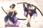  2girls brown_eyes brown_hair chest_sarashi flower hair_bun hair_flower hair_ornament highres holding holding_sword holding_weapon ironlily japanese_clothes katana kimono multiple_girls no_pants obi ootachi original petals purple_kimono samurai sandals sarashi sash sheath sword unsheathing weapon wide_sleeves 