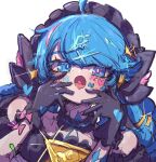  1girl absurdres ahoge bare_shoulders black_bow black_gloves blue_eyes blue_hair blush bow collarbone commentary_request gloves gwen_(league_of_legends) hair_bow hair_ornament hairclip hands_up heart heart_in_mouth highres league_of_legends long_hair monakan_japan multicolored_hair needle pink_hair portrait sewing_needle simple_background solo sticker_on_face two-tone_hair white_background 
