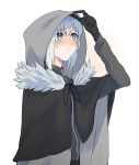  1girl arm_up black_capelet black_gloves blush capelet cloak closed_mouth fate_(series) fur-trimmed_capelet fur_trim gloves gray_(fate) grey_cloak highres hood hood_up hooded_cloak long_sleeves looking_up lord_el-melloi_ii_case_files osionopan solo upper_body white_background white_hair 