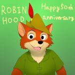  age_difference anthro canid canine clothing digital_drawing_(artwork) digital_media_(artwork) digital_painting_(artwork) disney english_text fox fur hat headgear headwear hi_res male mammal red_body red_fur robin_hood robin_hood_(disney) roshu39 smile solo text white_body white_fur younger_male 