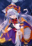  1girl :d animal animal_ears bare_tree bat_(animal) blush bow breasts cape cat_ears cat_girl cat_tail cloud commentary_request fangs feet_out_of_frame full_moon grey_hair hair_over_one_eye halloween highres leaning_forward long_hair looking_at_viewer medium_breasts moon mummy_costume nibiiro_shizuka night night_sky orange_cape original outdoors purple_cape purple_eyes red_bow sky smile solo standing striped striped_thighhighs sweat tail thighhighs tree very_long_hair 