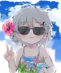  1girl armpit_crease asasow blue_background braided_hair_rings commentary_request covered_eyes drink facing_viewer flower grey_hair hair_flower hair_ornament hand_up hatoba_tsugu hibiscus holding holding_drink multicolored_clothes multicolored_swimsuit open_mouth penguin_hair_ornament pink_flower short_hair single_hair_ring smile solo sunglasses swimsuit tsugu_(vtuber) two-tone_background upper_body v virtual_youtuber white_background 