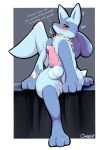  &lt;3 anthro balls bed blush bodily_fluids dialogue erection excited furniture generation_4_pokemon genital_fluids genitals hi_res looking_at_viewer lucario male nintendo on_bed onbbs penis pokemon pokemon_(species) precum presenting presenting_balls presenting_penis solo talking_to_viewer 
