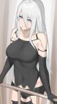  1girl absurdres android bare_shoulders black_gloves blue_eyes breasts byeon_dha covered_navel elbow_gloves english_commentary gloves highres joints long_hair looking_at_viewer mole mole_under_mouth nier:automata nier_(series) panties robot_joints solo thighhighs underwear white_hair yorha_type_a_no._2 