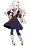  1girl do_m_kaeru fire_emblem fire_emblem:_three_houses full_body garreg_mach_monastery_uniform hand_on_own_hip leggings long_hair long_skirt looking_at_viewer lysithea_von_ordelia pantyhose purple_eyes skirt solo white_background white_footwear white_hair 