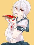  1girl a_certain_high_school_uniform accelerator_(toaru_majutsu_no_index) albino androgynous black_bracelet blue_sailor_collar blue_skirt bow bread bread_slice eating fingernails flat_chest flower food food_on_face hair_flower hair_ornament holding holding_food jam lily_(flower) looking_at_viewer midriff_peek navel pale_skin pepo_peropero pixie_cut red_eyes sailor_collar school_uniform shirt short_hair short_sleeves sidelocks sitting skirt solo suzushina_yuriko toaru_majutsu_no_index tongue tongue_out upper_body white_bow white_hair white_shirt yellow_background 