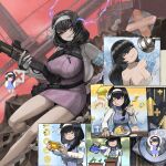  1girl absurdres black_hair black_panties braid breasts closed_eyes dress eating evil_grin evil_smile feet_out_of_frame full_body goddess_of_victory:_nikke grin handheld_game_console highres holding holding_weapon jacket large_breasts level-00 long_hair mary_(nikke) multiple_views open_clothes open_jacket panties pantyshot plant playing_games red_eyes ribbed_sweater showering single_braid smile solo sweater sweater_dress underwear unusually_open_eyes weapon 