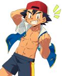  1boy abs ash_ketchum black_hair brown_eyes clenched_hand collarbone commentary_request cowboy_shot grin hat jacket knhrpnkt looking_at_viewer male_focus muscular muscular_male no_shirt notice_lines open_clothes open_jacket pectorals pokemon pokemon_(anime) pokemon_(classic_anime) red_headwear short_hair shorts smile solo teeth white_background 