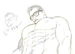  1boy abs bara chibi chibi_inset dickfish_(fishismdick) facial_hair foreshortening frown glasses greyscale john_rottweil_(dickfish) large_pectorals looking_down male_focus mature_male monochrome muscular muscular_male mustache navel_hair nipples nude opaque_glasses original pectoral_focus pectorals scar short_hair sigh sketch solo traditional_media translation_request upper_body 