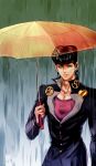  1boy absurdres anchor_symbol black_hair dated gakuran green_eyes heart-shaped_ornament higashikata_josuke highres holding holding_umbrella jojo_no_kimyou_na_bouken killerohan male_focus peace_symbol pectoral_cleavage pectorals pompadour rain rattail school_uniform smile solo umbrella 