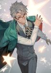  1boy arurandeisu ascot black_pants black_vest collared_shirt glasses green_jacket grey_ascot grey_background grey_eyes grey_hair hair_between_eyes hand_up highres holostars jacket jacket_on_shoulders lack long_sleeves looking_at_viewer male_focus official_alternate_costume pants parted_lips red-framed_eyewear shirt short_hair sideburns smile solo spiked_hair starry_background v-shaped_eyebrows vest virtual_youtuber white_shirt 