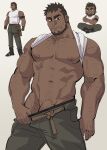  1boy absurdres arm_hair bara bare_pectorals beard brown_hair clothes_lift clothes_pull crossed_arms dark-skinned_male dark_skin deformed facial_hair feet_out_of_frame gage_(gage0116) highres large_pectorals long_sideburns looking_at_viewer male_focus mature_male multiple_views muscular muscular_male mustache_stubble original pants pants_pull pectorals penis penis_peek potter_(gage) pubic_hair receding_hairline seductive_smile shirt_behind_neck shirt_lift short_hair sideburns smile sparse_chest_hair sparse_pubic_hair standing strongman_waist thick_eyebrows undercut 