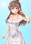  1girl alternate_costume anti_(untea9) breasts brown_hair brown_skirt dress highres kantai_collection kumano_(kancolle) long_hair looking_at_viewer medium_breasts open_mouth ponytail skirt smile solo white_dress 