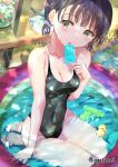  1girl absurdres black_hair black_one-piece_swimsuit breasts cleavage commentary_request fishbowl food green_eyes hand_fan highres licking looking_at_viewer medium_breasts ogata_tei one-piece_swimsuit original paper_fan popsicle rubber_duck short_hair solo swimsuit twitter_username uchiwa wading_pool water water_gun 