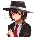  1girl averting_eyes black_headwear black_jacket brown_hair closed_mouth collared_shirt hair_over_shoulder hand_up hat jacket lapels light_blush long_hair looking_to_the_side necktie open_clothes open_jacket red_necktie shirt simple_background solo sound_effects touhou toujou_(toujou_ramen) upper_body usami_renko white_background white_shirt yellow_eyes 