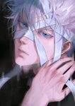  1boy absurdres artist_name bandages bishounen black_background blue_eyes closed_mouth expressionless eyelashes gojou_satoru high_collar highres jujutsu_kaisen jujutsu_tech_uniform looking_at_viewer male_focus nthndn portrait short_hair solo wet wet_hair white_hair 