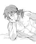  1boy abs bara braid braided_ponytail chest_hair dasshu_(dashi_now) elbow_rest greyscale ishuzoku_reviewers leg_hair light_blush long_hair male_focus mature_male monochrome muscular muscular_male mustache_stubble nipples nude pectorals sidelocks sketch solo sparse_stubble stitches stomach stunk upper_body 