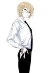 1boy androgynous black_necktie black_pants brown_eyes collared_shirt hair_between_eyes hand_on_own_hip highres hunter_x_hunter kawatiw kurapika light_brown_hair long_sleeves looking_at_viewer male_focus necktie pants parted_lips shirt simple_background solo white_background white_shirt 