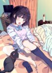  1girl adjusting_clothes adjusting_legwear barefoot bed bed_sheet bedroom black_cat blue_bow blue_bowtie blue_skirt blue_socks blush bow bowtie cardigan cat curtains desk eyelashes feet fushimi_asuha head_tilt highres indoors kneehighs leaning_back legs long_sleeves medium_hair monitor no_shoes open_mouth original pillow pink_cardigan pink_skirt plaid plaid_skirt pleated_skirt purple_eyes purple_hair school_uniform shadow shirt sidelocks single_sock skirt socks solo striped striped_bow striped_bowtie toenails toes white_shirt wooden_floor 