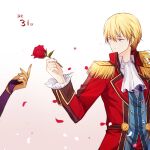  1boy 1girl ascot blonde_hair blue_vest bridal_gauntlets coat eiyuu_densetsu epaulettes flower highres holding holding_flower long_sleeves male_focus olivert_reise_arnor ponytail purple_eyes red_coat rose scherazard_harvey sen_no_kiseki sen_no_kiseki_iii simple_background soap_(user_kghh4755) solo_focus sora_no_kiseki upper_body vest white_ascot white_background 