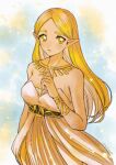  1girl bare_shoulders belt blonde_hair dress hand_up highres jewelry long_hair looking_at_viewer mouyi necklace parted_bangs pointy_ears princess princess_zelda solo strapless strapless_dress the_legend_of_zelda the_legend_of_zelda:_breath_of_the_wild white_dress 