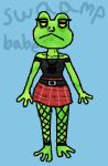  2020 amphibian anthro biped black_clothing bottomwear breasts clothing english_text facial_piercing female fishnet fishnet_leggings fishnet_legwear frog goth green_body green_skin jewelry legwear low_res necklace nose_piercing nose_ring piercing red_clothing ring_piercing skirt small_breasts solo squablodecomplash text topwear 