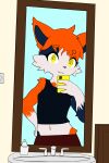  absurd_res anthro calico_cat domestic_cat eyebrows felid feline felis female fur hair hi_res hikaridraws mammal maroon_clothing maroon_skirt mirror mirror_selfie navel navy_fur navy_shirt orange_body orange_eyebrows orange_fur orange_hair phone selfie solo white_body white_fur yellow_eyes 